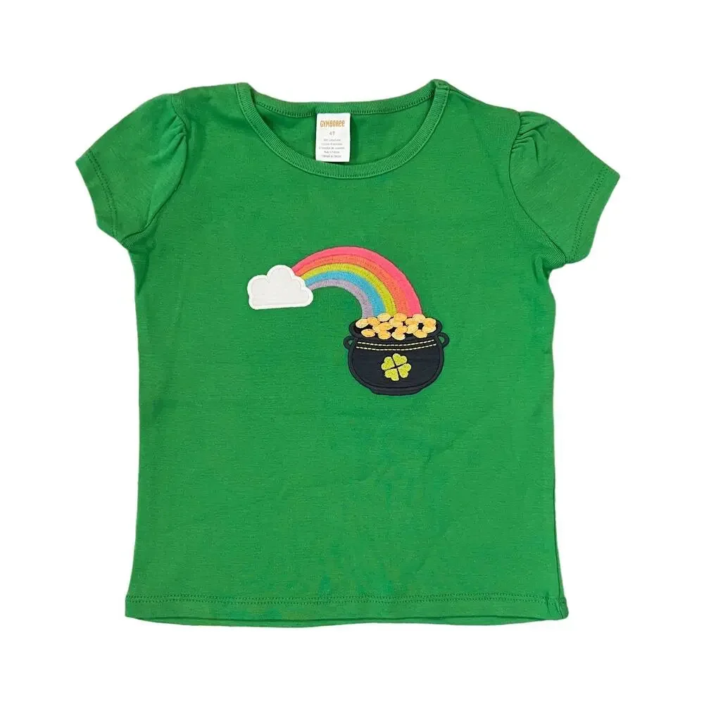 NWT Gymboree Green W/Embroidered Rainbow Top & Shamrock Hair Clips
